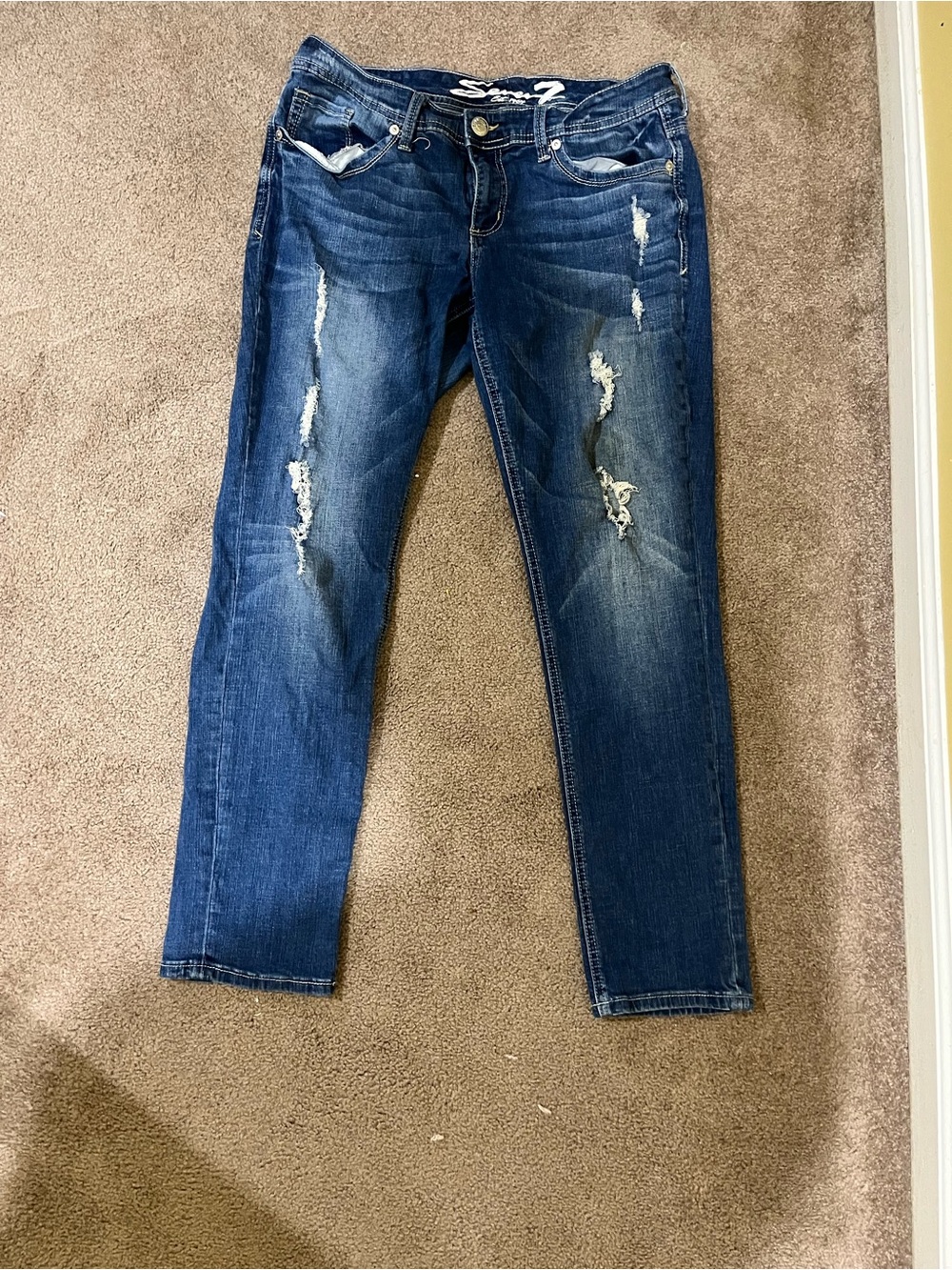 Seven7 Dark Blue Distressed Skinny Jeans